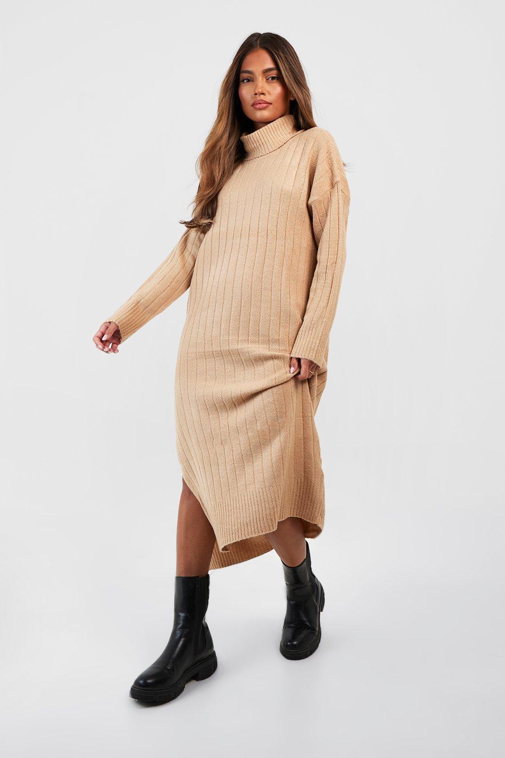 Robe pull oversize en maille cotelee a col roule