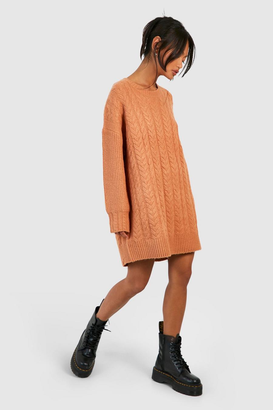 Camel Cable Knit Mini Dress