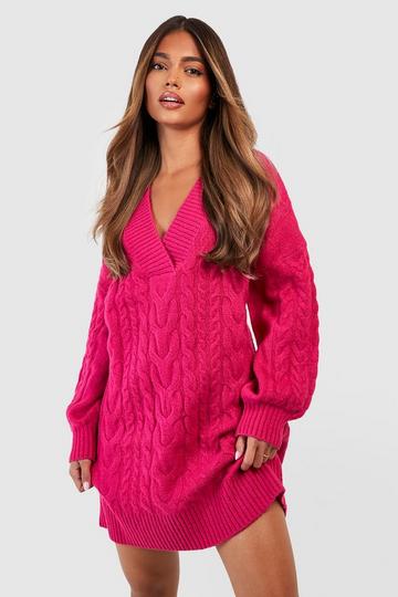 V Neck Cable Knit Dress cerise