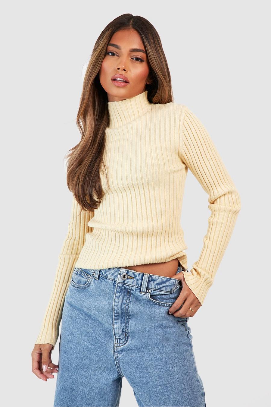Oatmeal Knitted Turtle Neck Rib Jumper image number 1