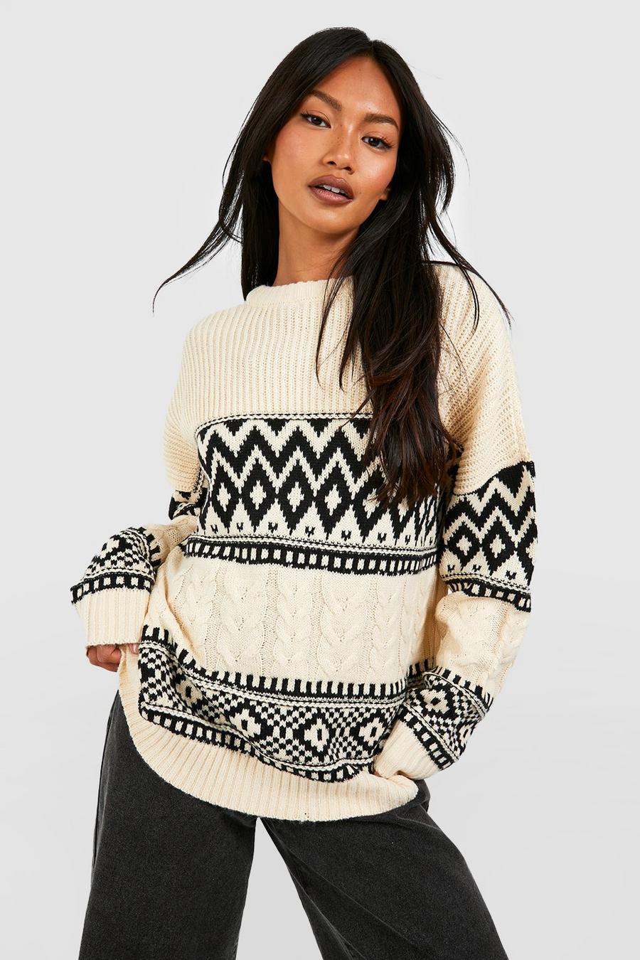 Oatmeal beige Oversized Cable Jacquard Knit Jumper