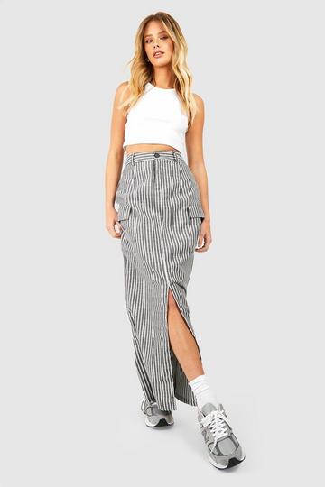 Striped Cargo Split Front Maxi Skirt black