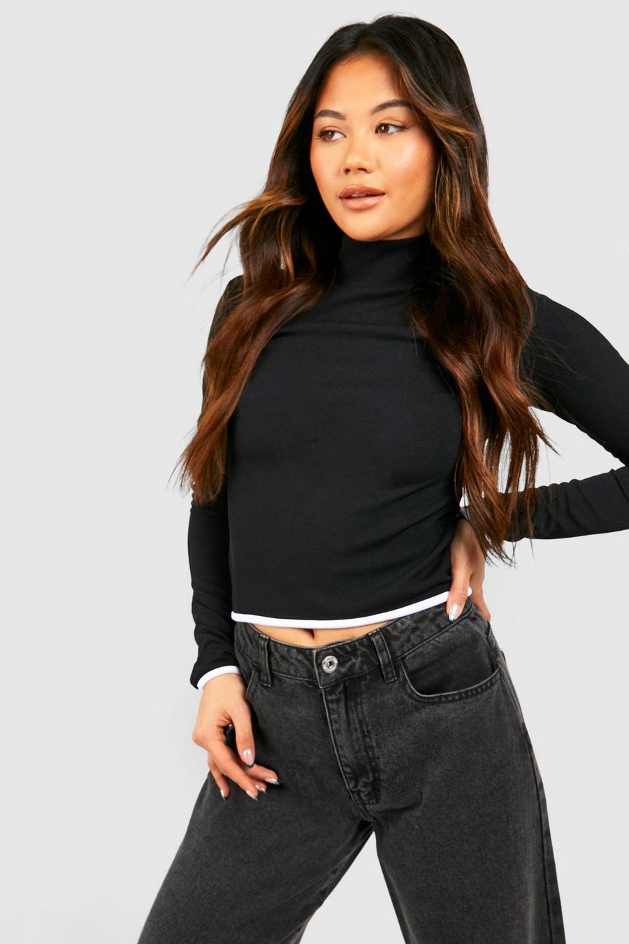 Black Contrast Rib High Neck Long Sleeve Top image number 1