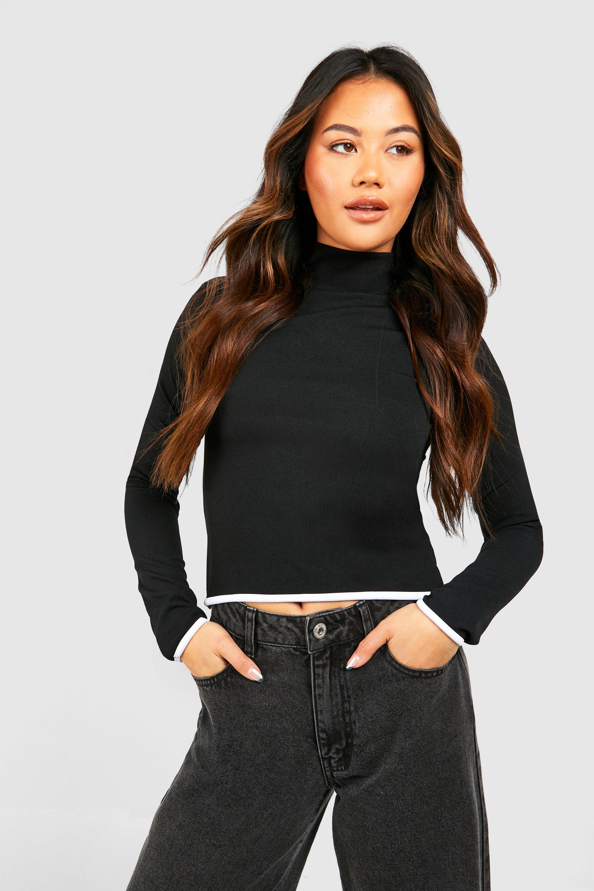 boohoo Contrast Rib High Neck Long Sleeve Top - Women's Bodysuits