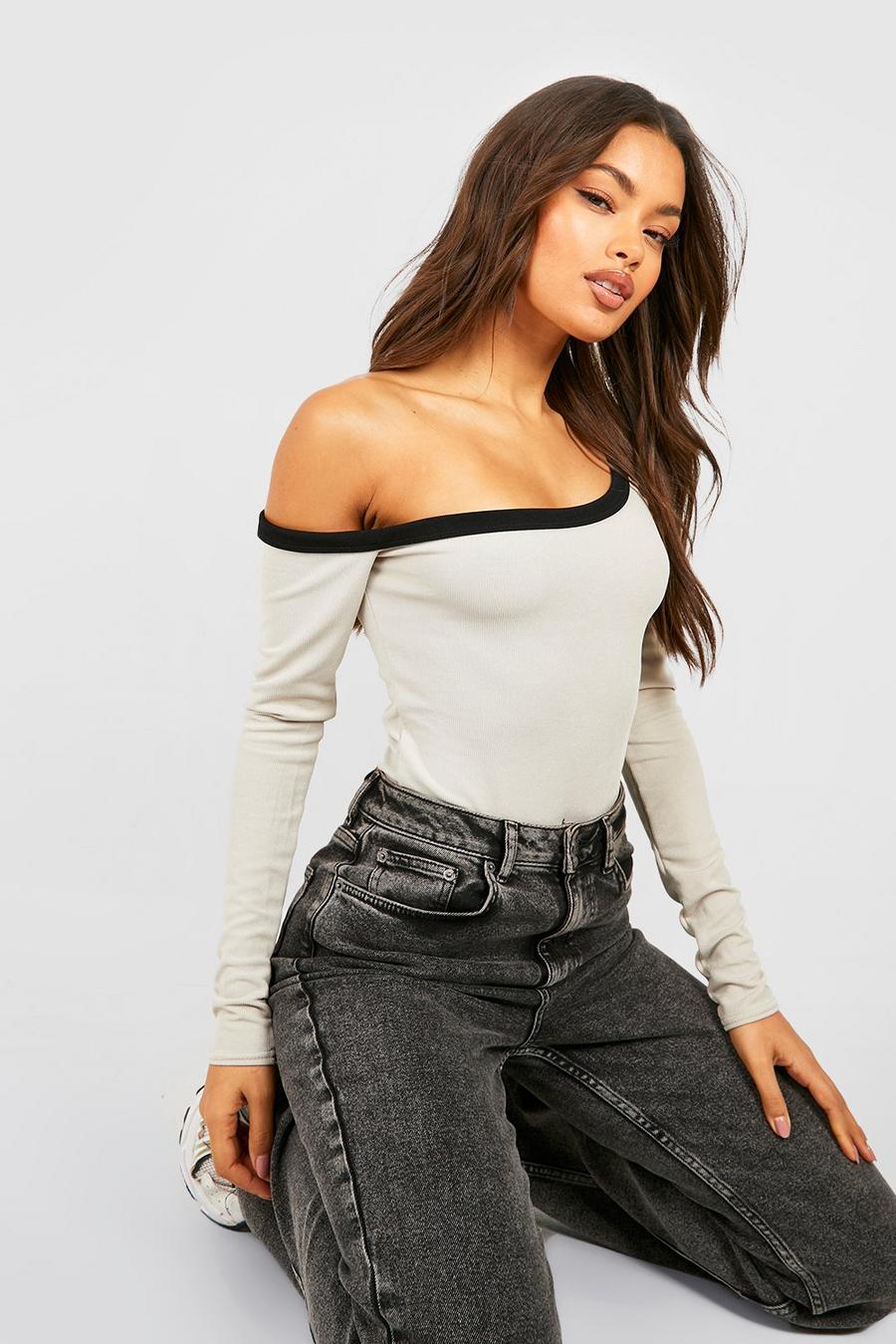 Stone Contrast Rib One Shoulder Long Sleeve Bodysuit 