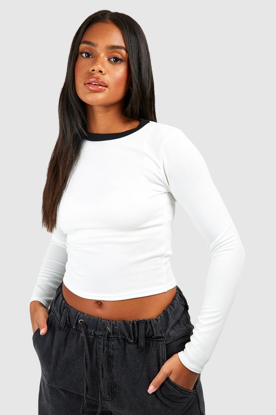 White Contrast Rib Crew Neck Long Sleeve Top image number 1