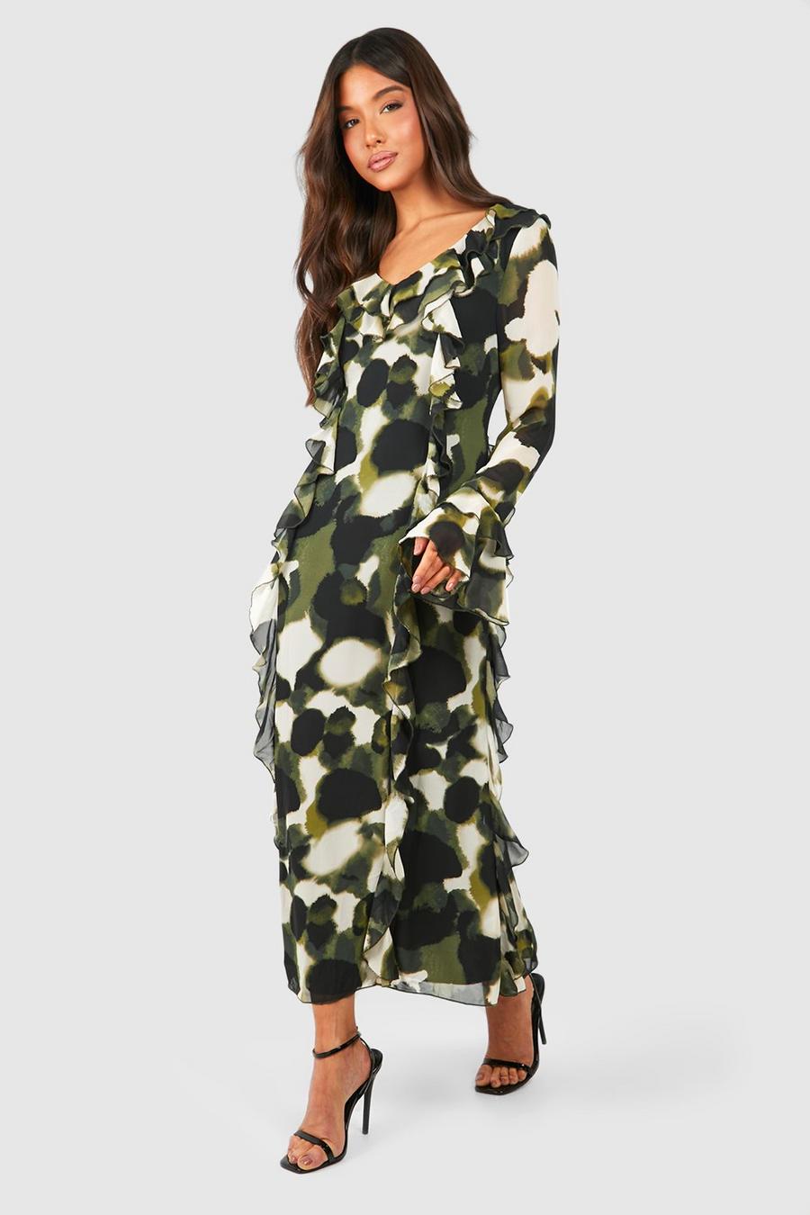 Green Abstract Ruffle Midaxi Dress image number 1