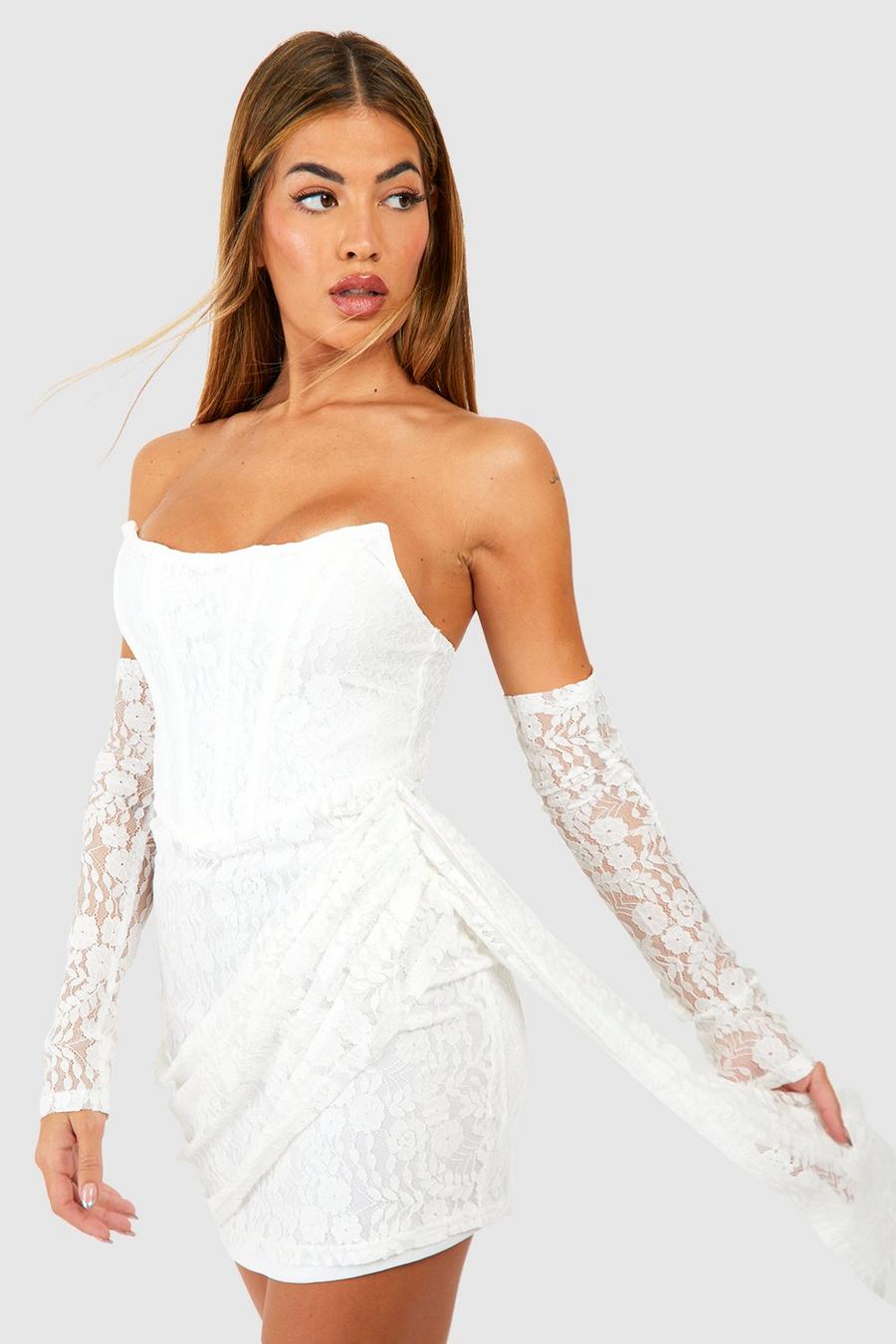 Ivory bianco Lace Corset Detail Draped Mini Dress