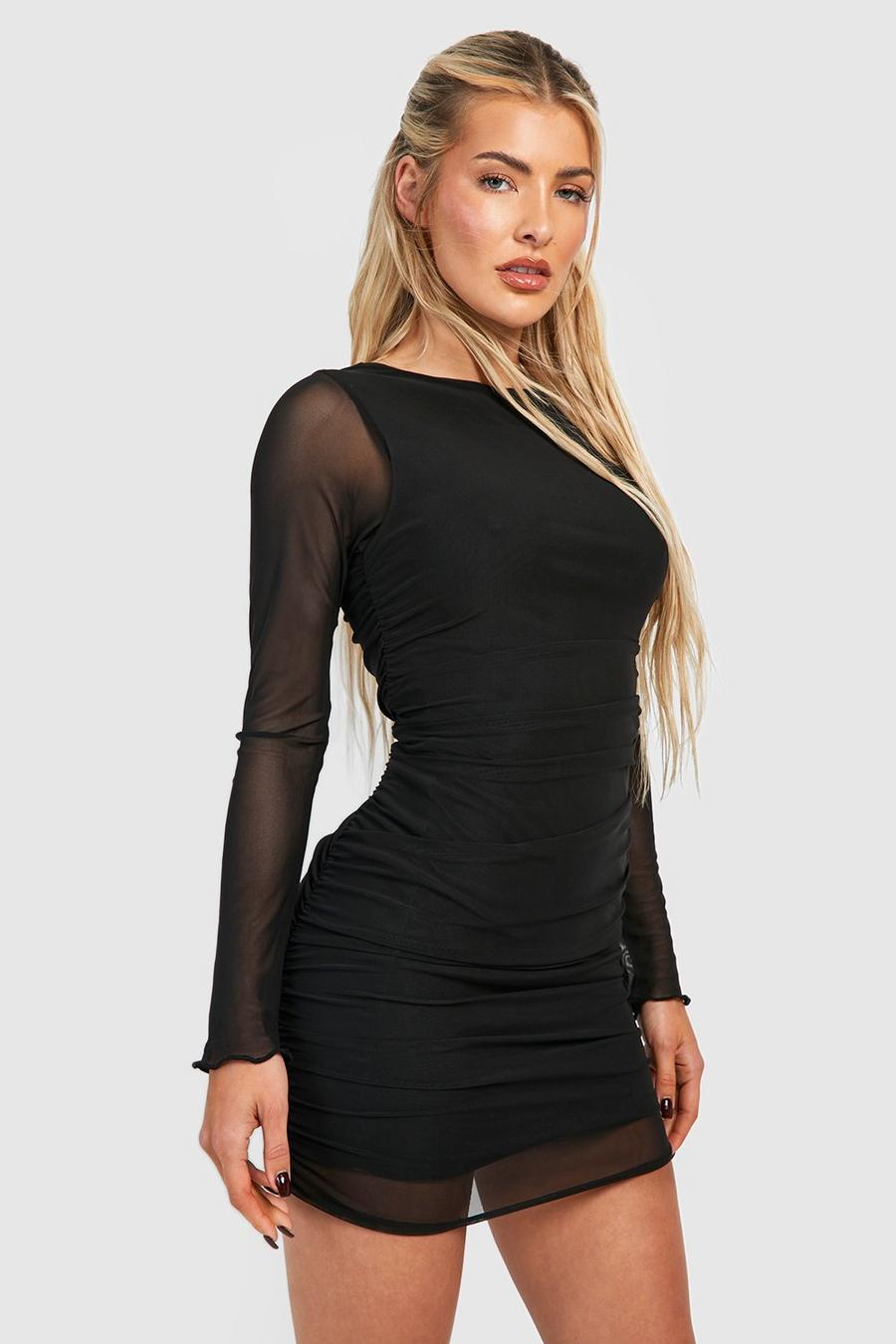 Black Rouched Mesh Mini Dress image number 1