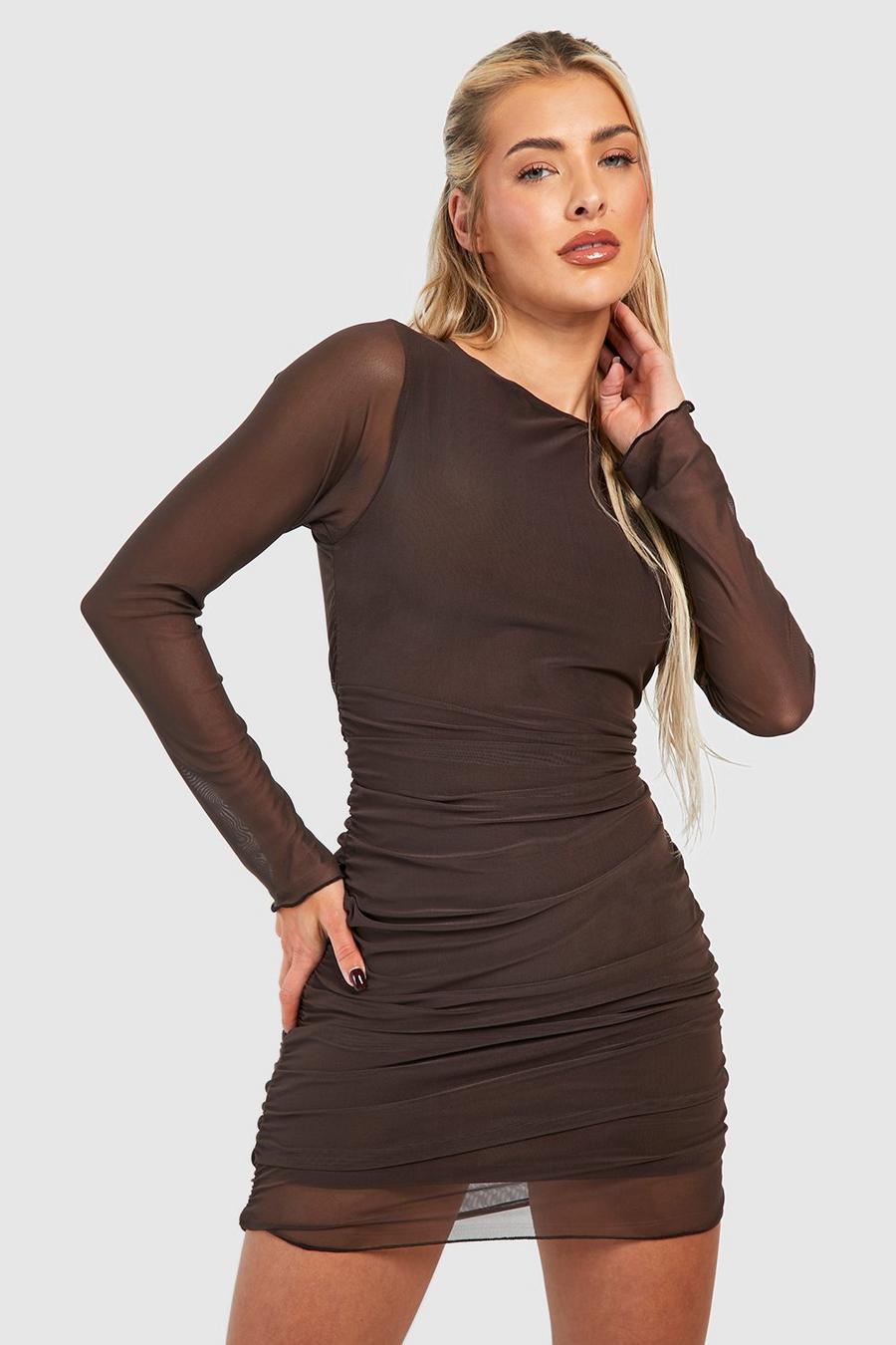 Chocolate Ruched Mesh Mini Dress image number 1