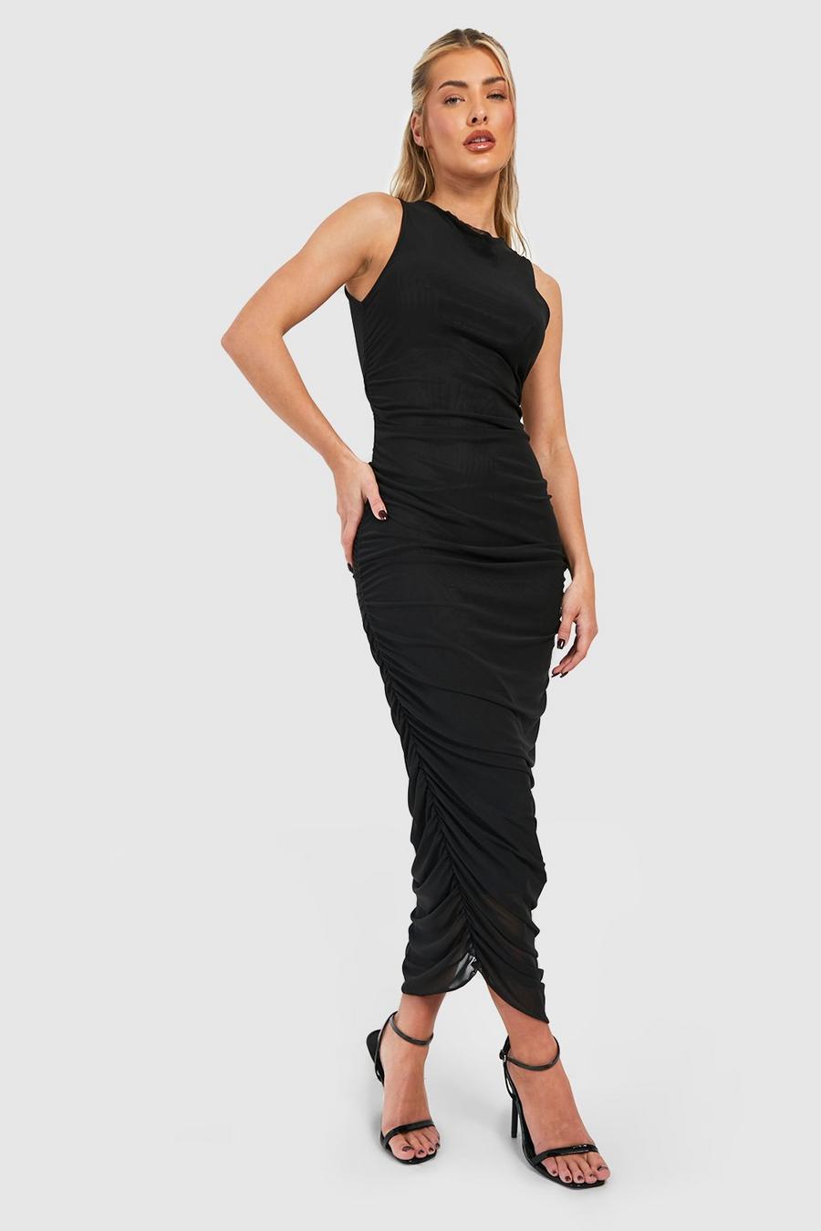 Black Rouched Mesh Midaxi Dress