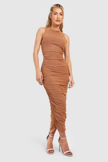 Camel Beige Rouched Mesh Midaxi Dress