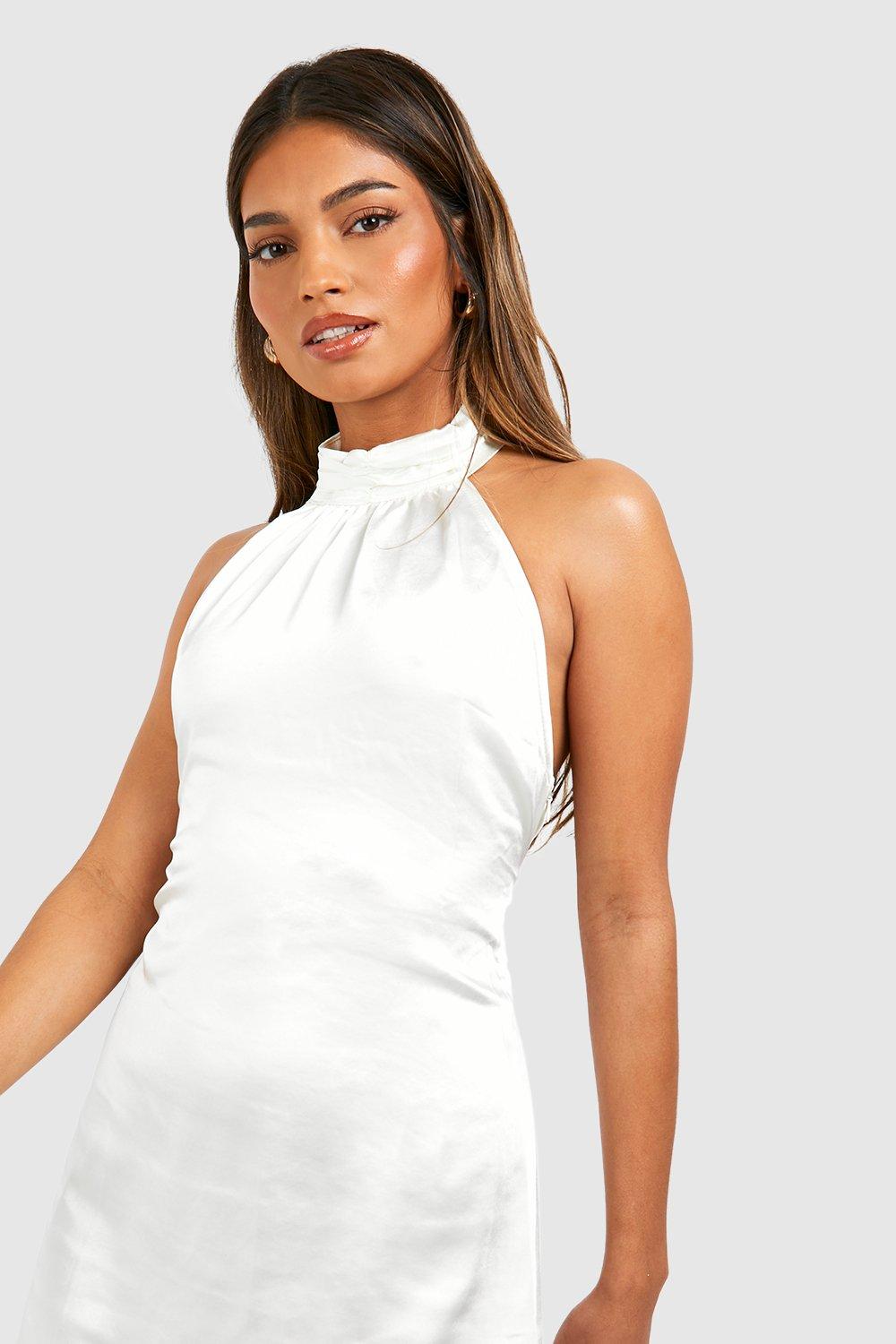 Infinite Admiration White Satin Halter Mini Dress, Halter Neck White Dress