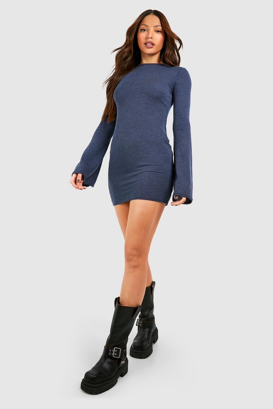 Navy Tall Washed Rib Flare Sleeve Mini Bodycon Dress image number 1