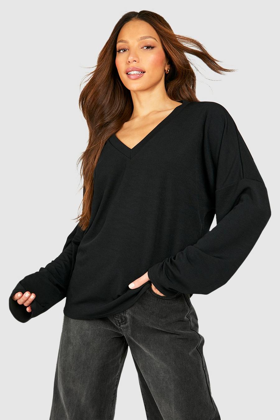 Black Tall Skinny Rib Deep V Neck Oversized Relaxed Top image number 1