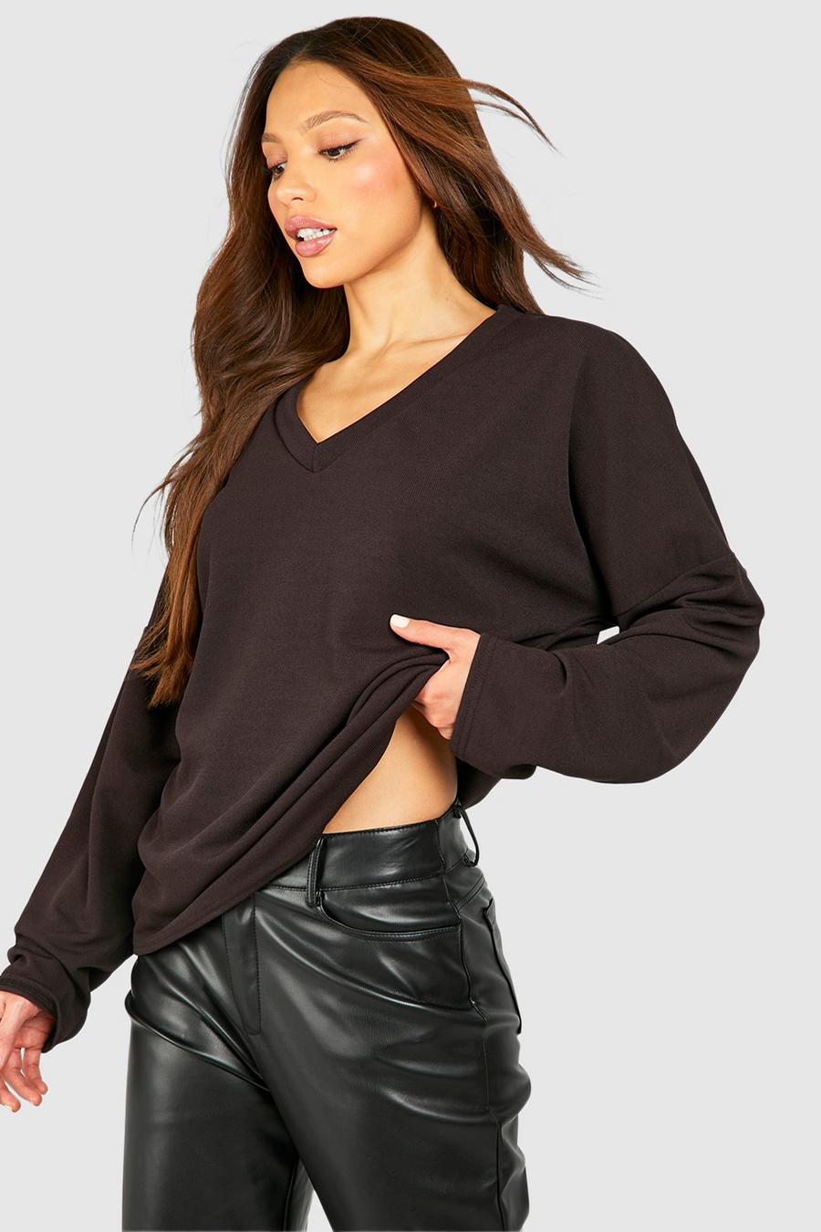 Chocolate Tall Skinny Rib Deep V Neck Oversized Relaxed Top image number 1