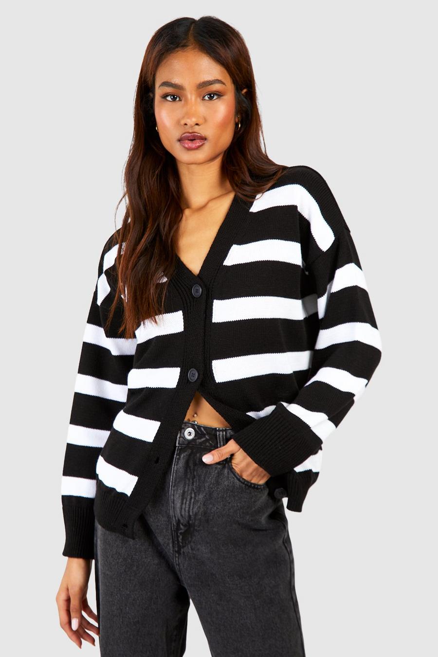 Black Tall Stripe Knitted Oversized Cardigan image number 1