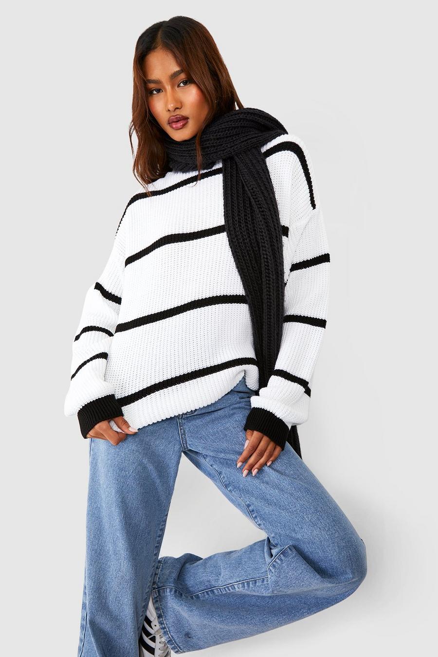 White Tall Slim Stripe Rib Knitted Oversized Sweater image number 1