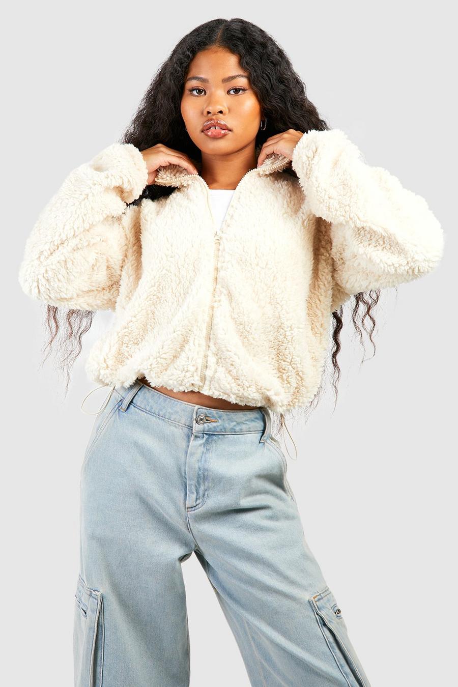 Cream Petite High Neck Zip Through Fleece Sweatshirt image number 1