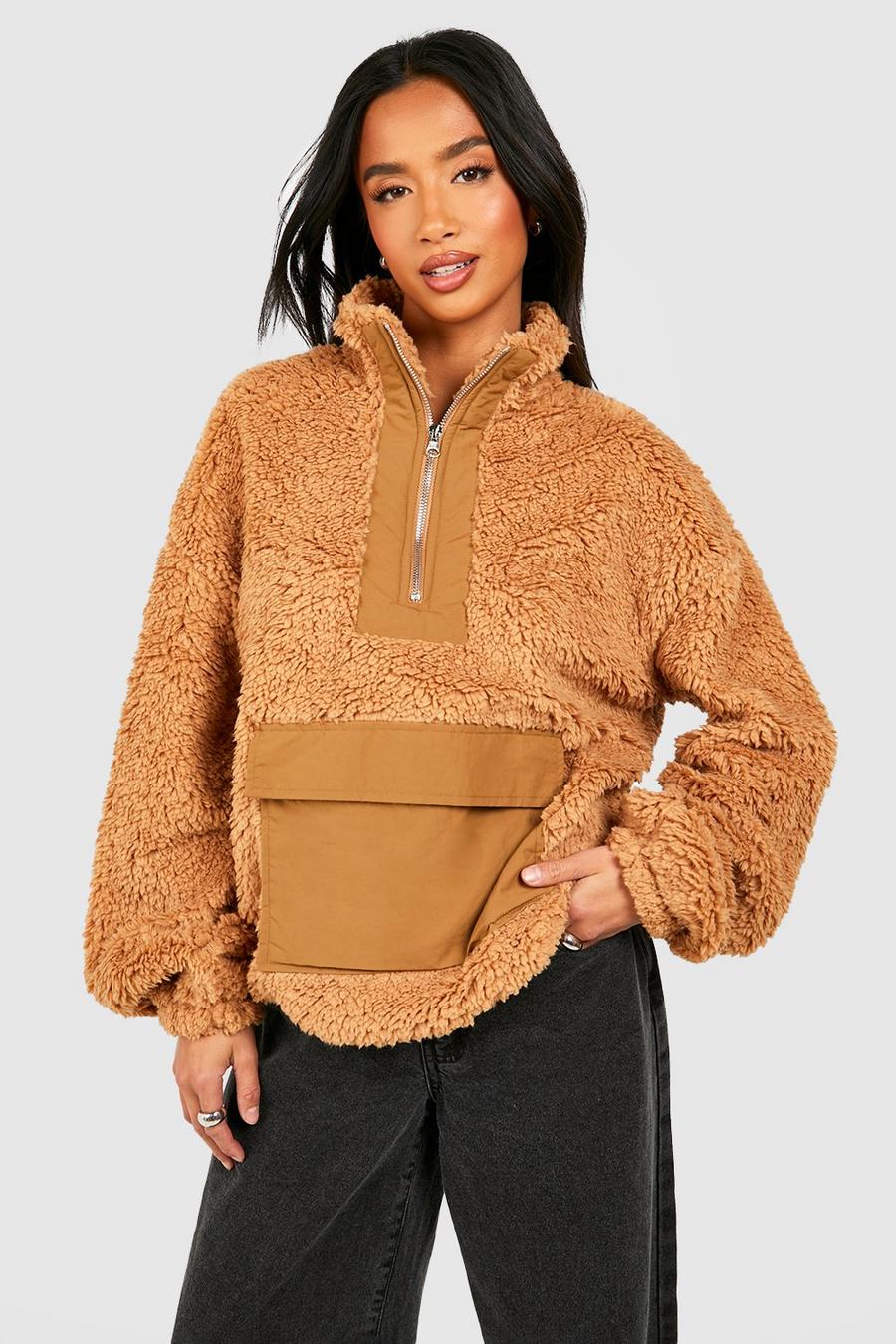 Tan Petite Quarter Zip Fleece Sweatshirt