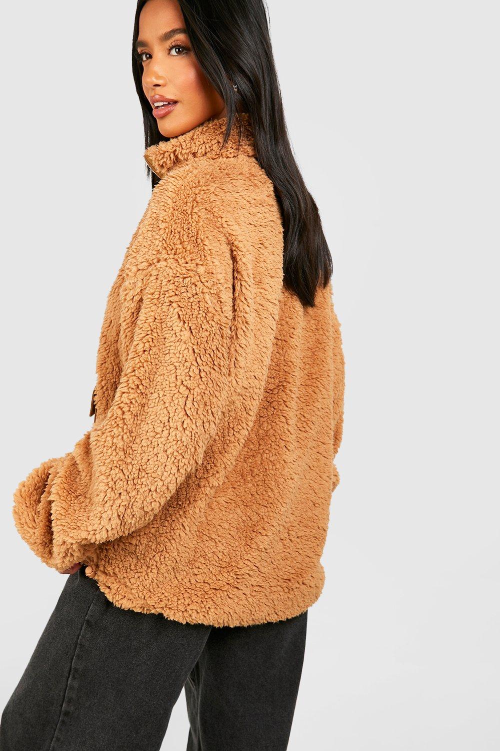 Petite Teddy Fleece Zip Up High Neck Jacket