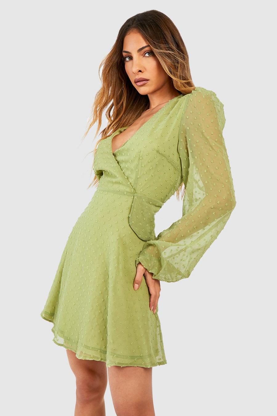 Chartreuse Dobby Blouson Sleeve Wrap Mini Dress