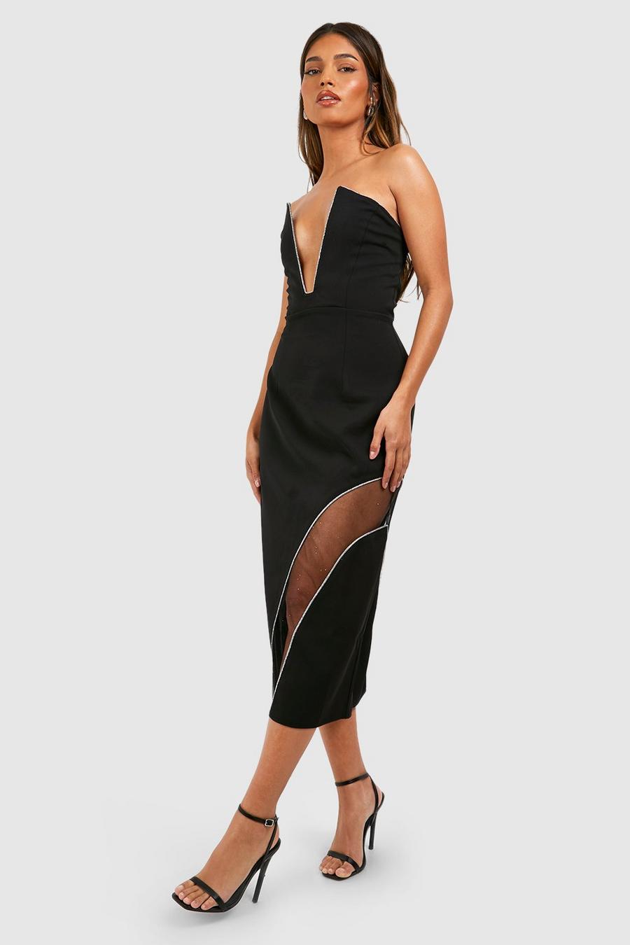 Black schwarz Glitter Trim Detail Panelled Plunge Midi Dress