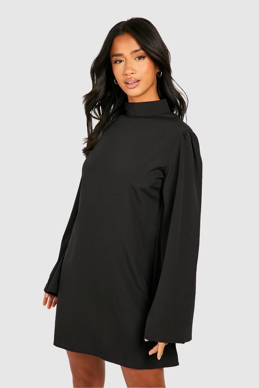 Black Petite High Neck Flare Sleeve Woven Shift Dress image number 1