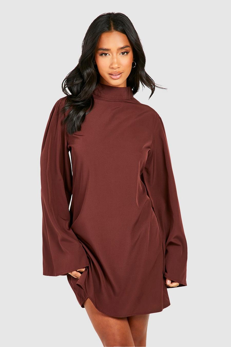 Chocolate brown Petite High Neck Flare Sleeve Woven Shift Dress