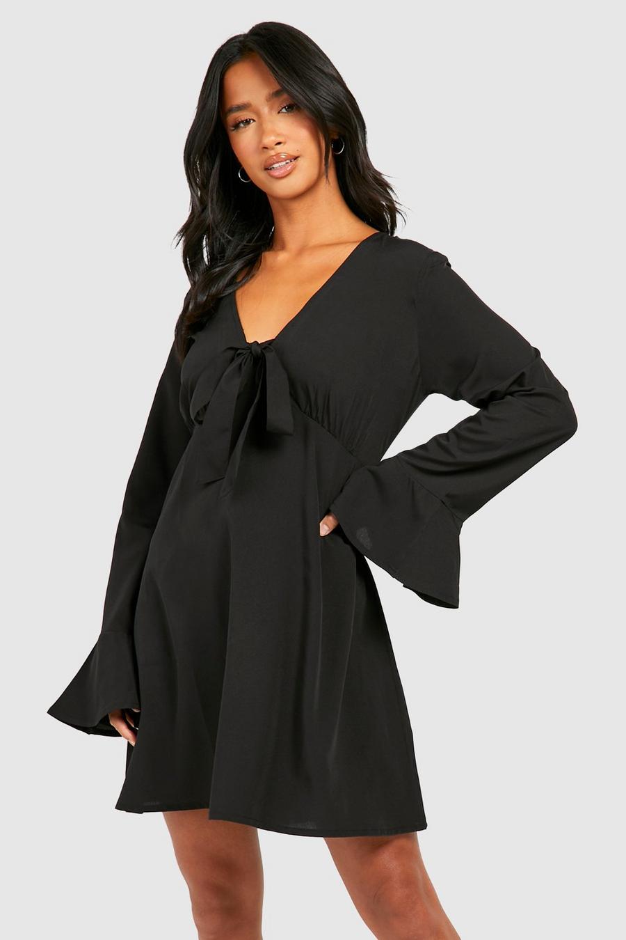 Black Petite Tie Front Flare Cuff Skater Dress image number 1