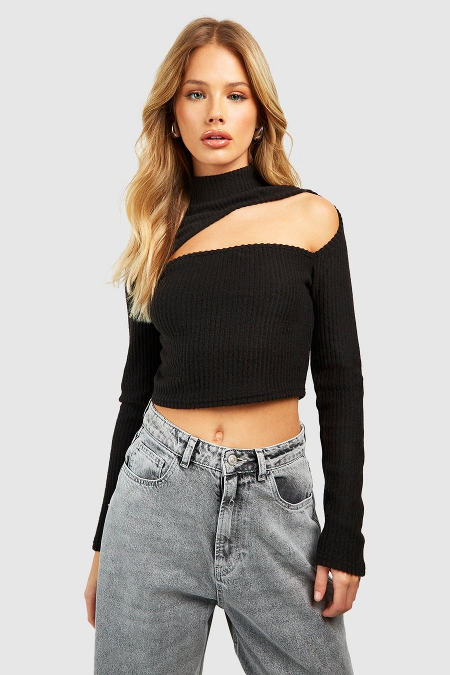 Women's Black Knitted High Neck Cut Out Top | Boohoo UK