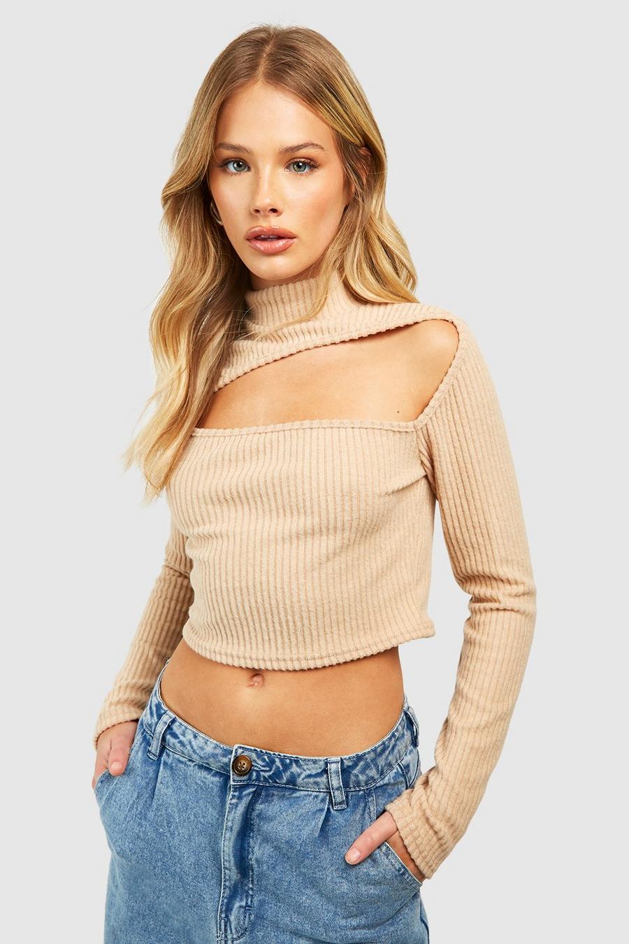 Camel Knitted High Neck Cut Out Top
