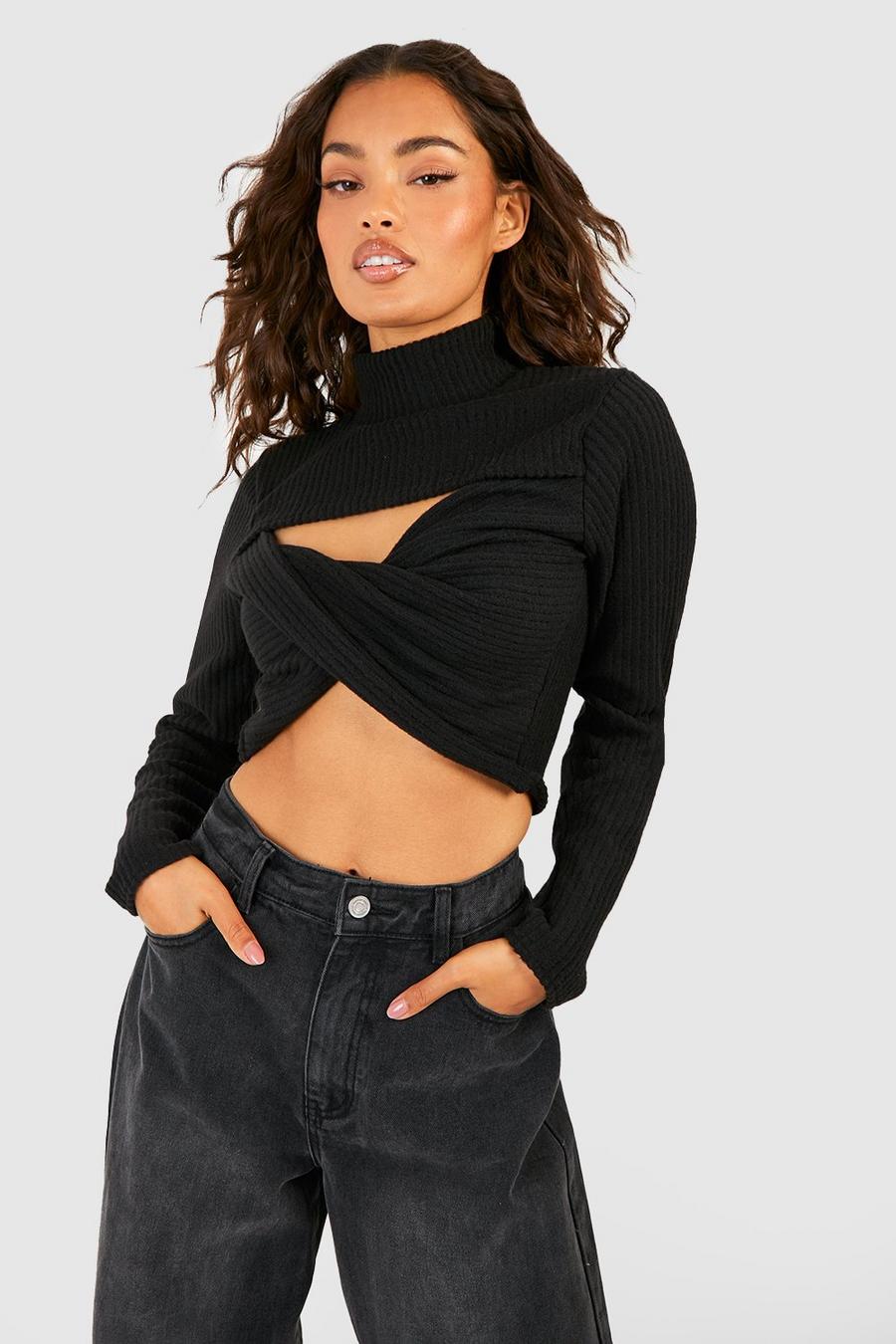 Black Knitted Twist Front Top