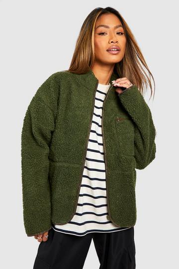 Khaki Oversized Teddy Zip Detail Jacket