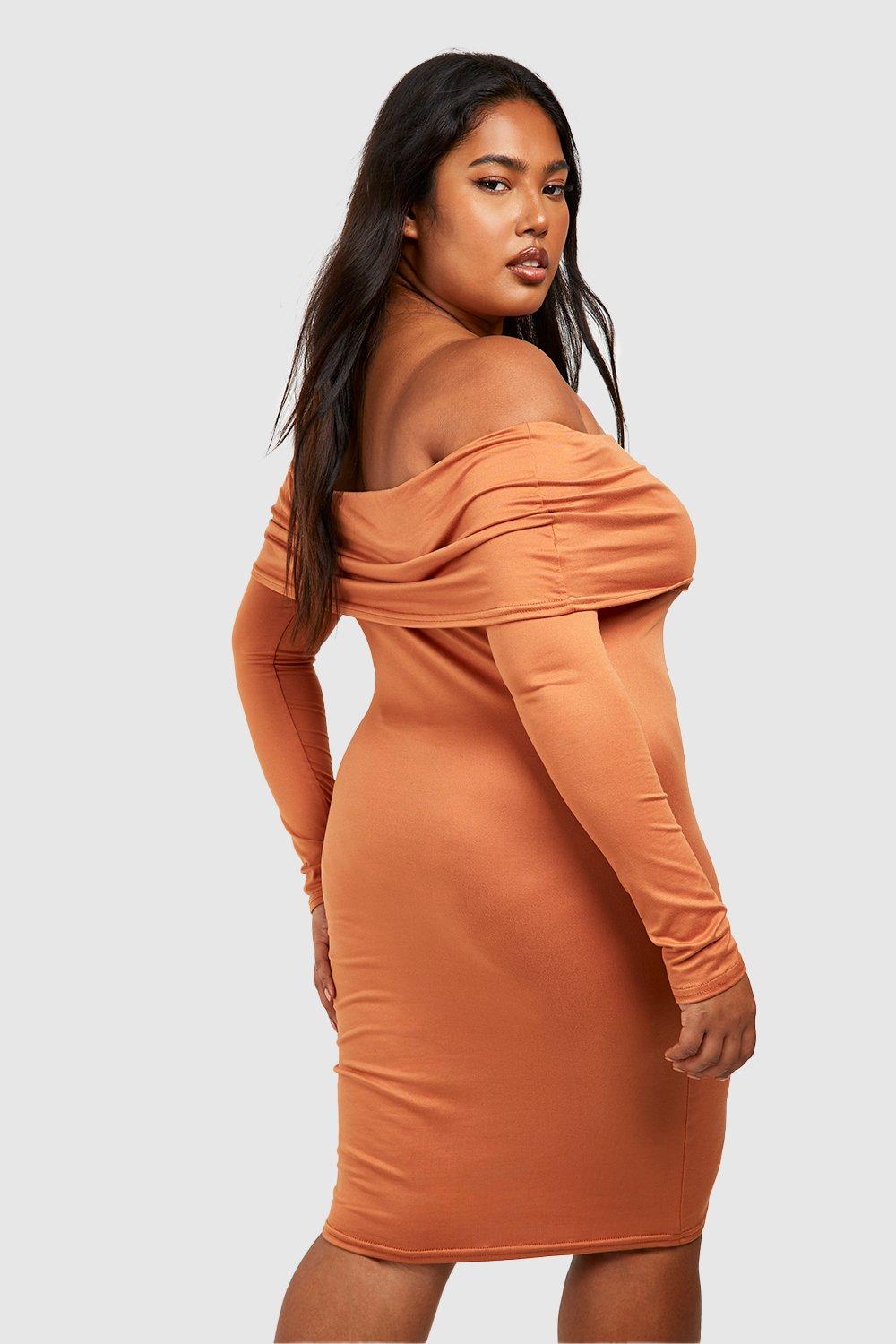 Orange off the shoulder bodycon dress best sale