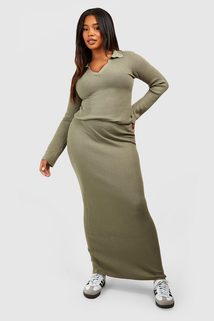 Washed khaki Plus Polo Collar Rib Knit Top And Maxi Skirt Set image number 1