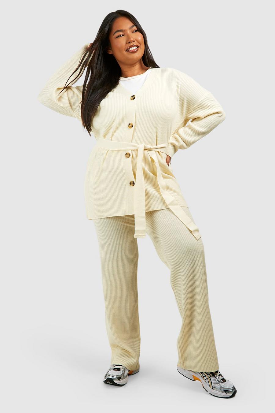 Ecru Plus Slouchy Belted Cardigan And Wide Leg Knit Set image number 1