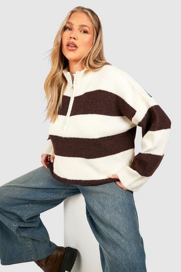 Plus Half Zip Soft Knit Stripe Sweater chocolate