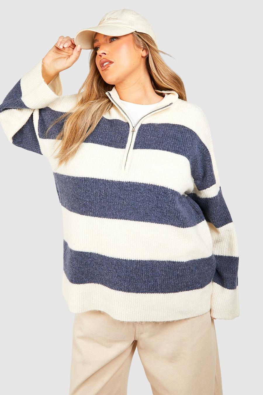 Denim Plus Half Zip Soft Knit Stripe Sweater