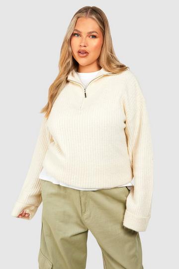 Plus Half Zip Funnel Neck Sweater ecru