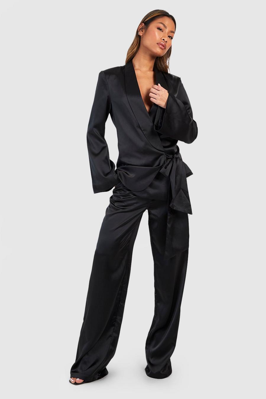 Textured Matte Satin Flared Sleeve Blazer & Wide Leg Trouser Suit Set