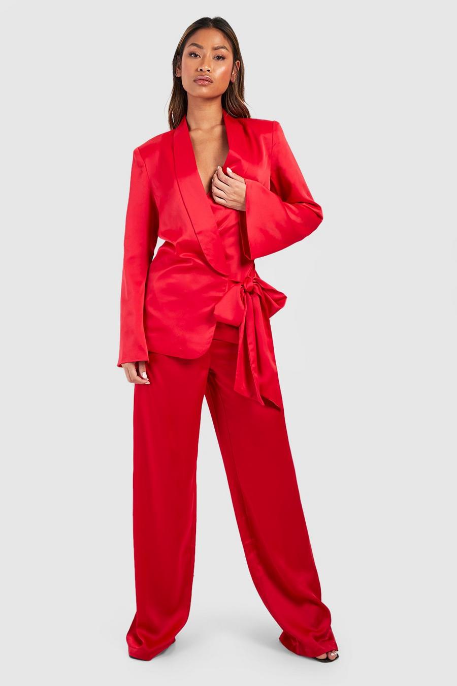 Red Textured Matte Satin Wide Leg Trousers image number 1