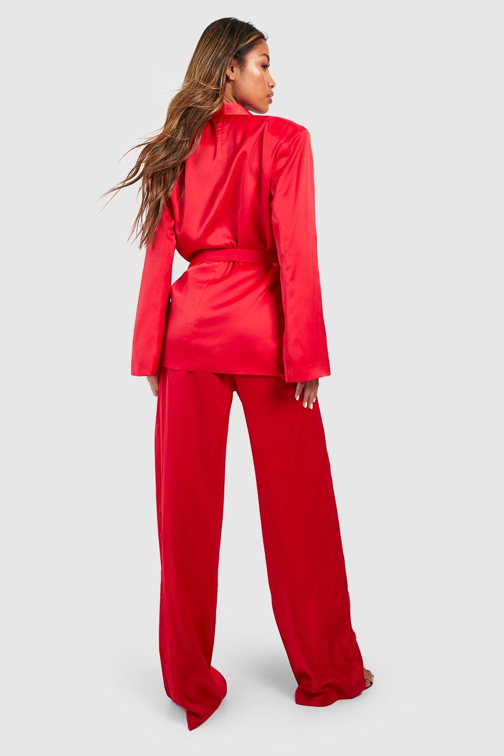 Textured Matte Satin Flared Sleeve Blazer Wide Leg Trouser Suit Set