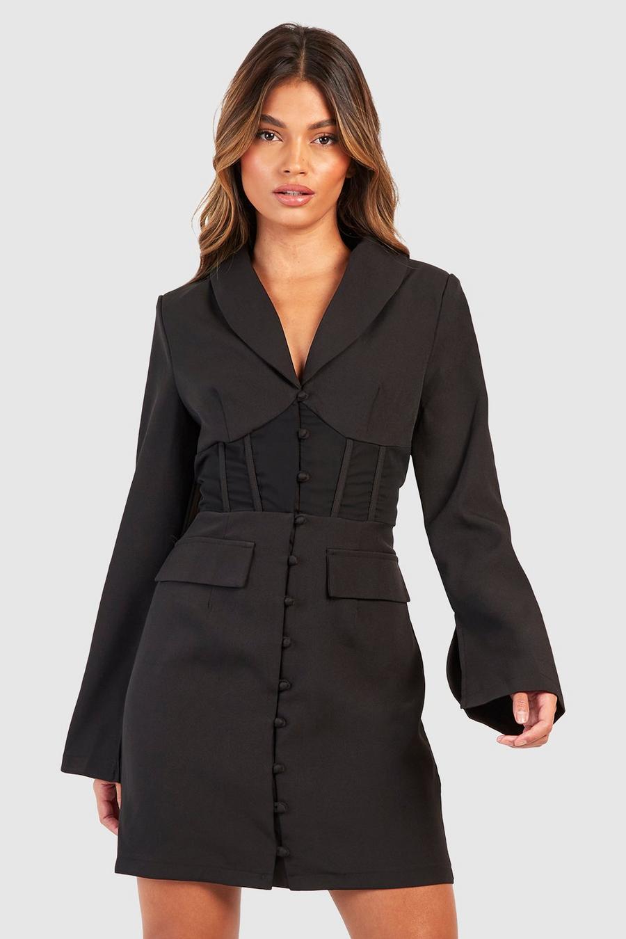 Black Fitted Corset Waist Tailored Blazer Dress image number 1