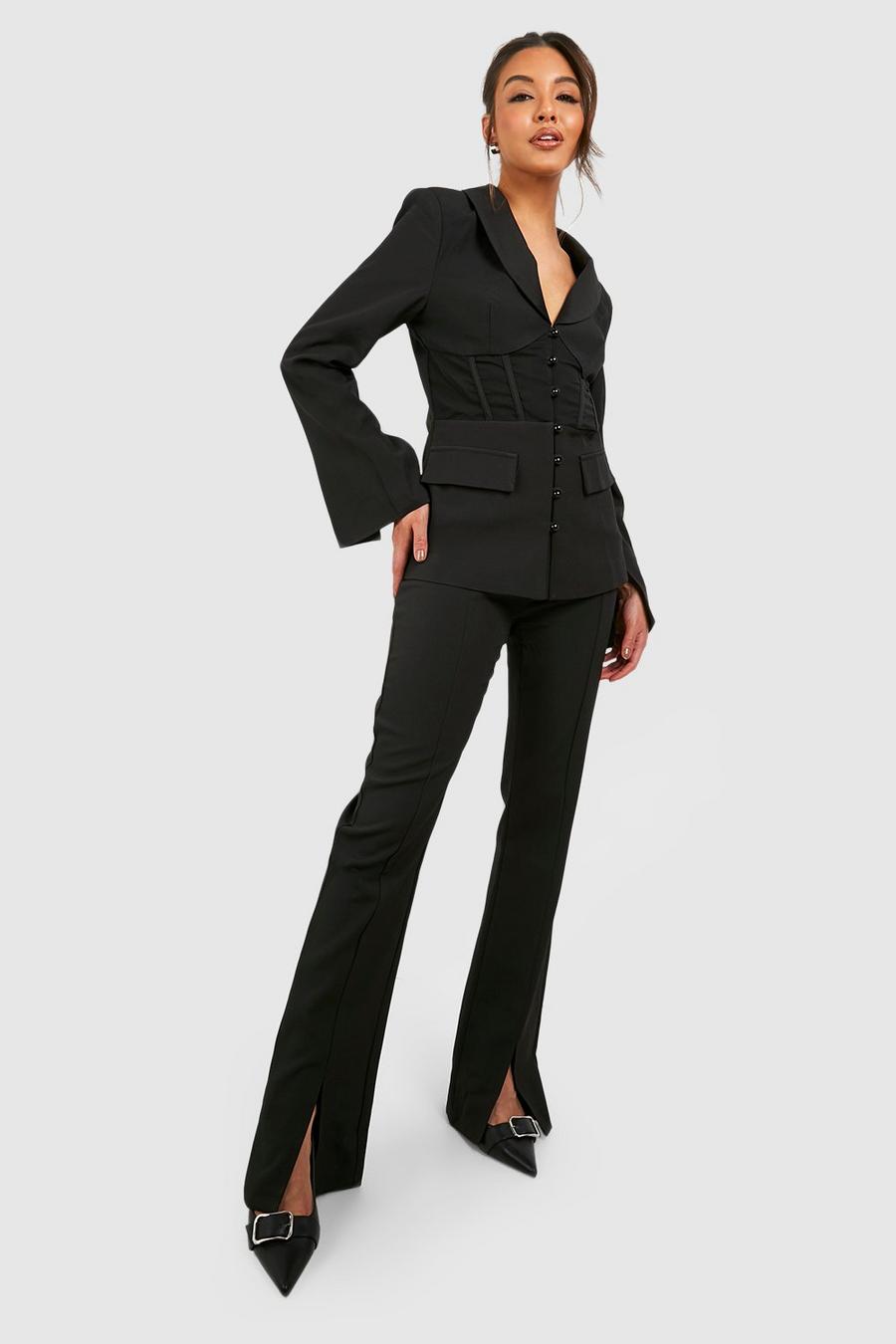 Black Split Front Slim Fit Tailored Trousers image number 1