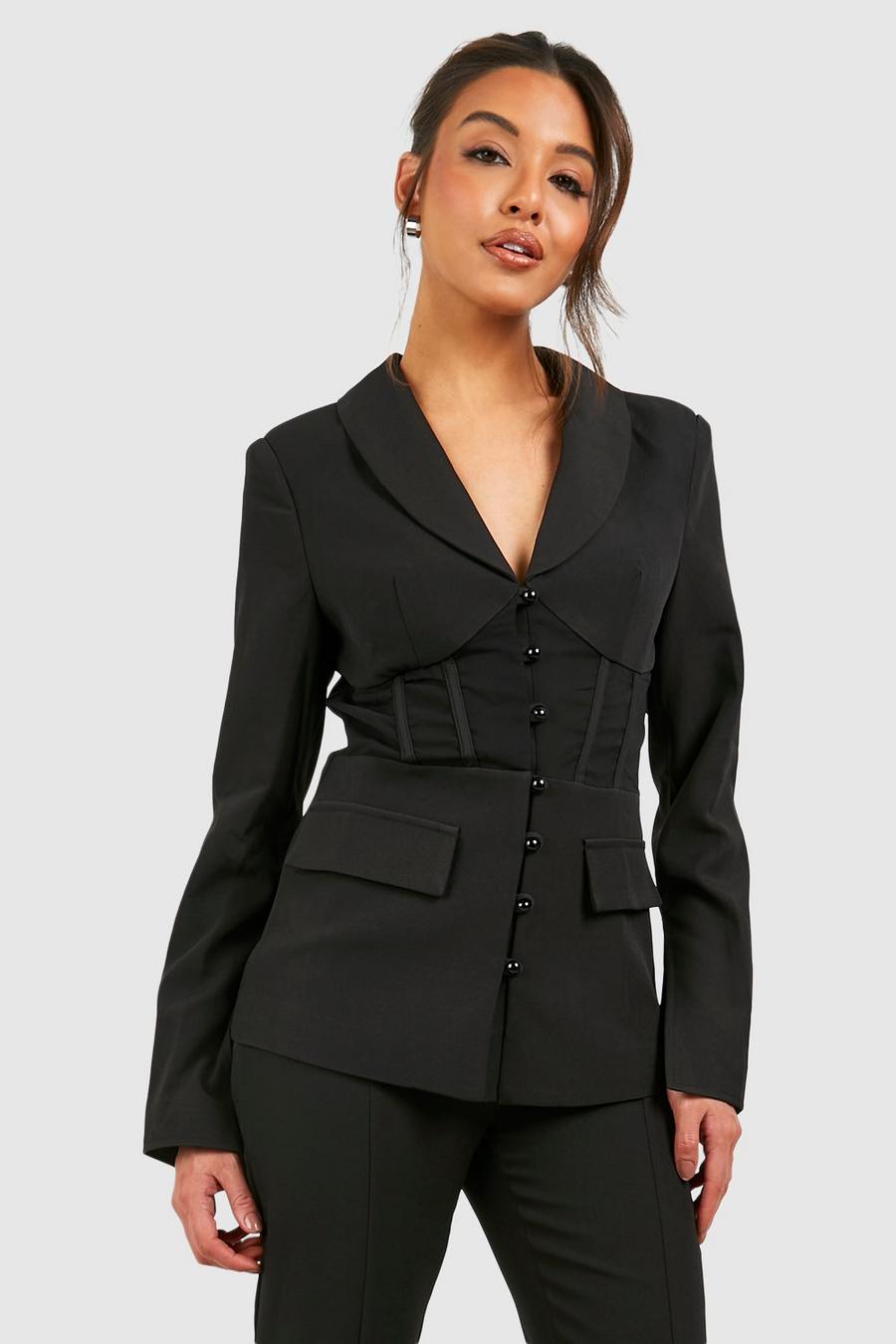 Black Fitted Corset Waist Tailored Blazer image number 1