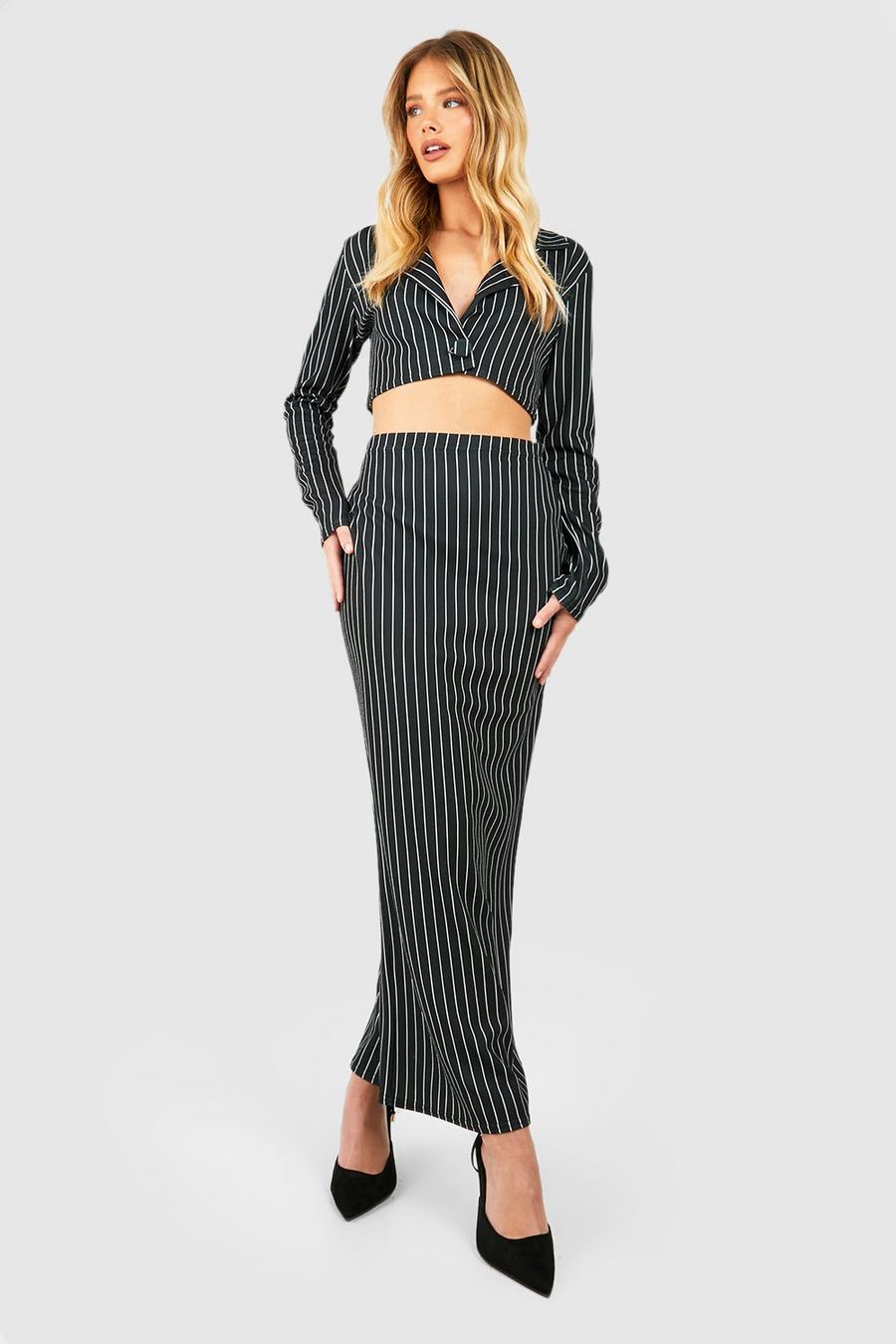 Black Crepe Pinstripe Boxy Blazer & Split Back Column Maxi