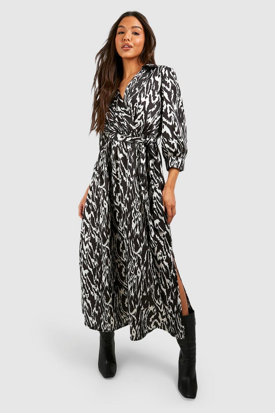 Black Satin Blurred Zebra Print Wrap Front Shirt Dress image number 1