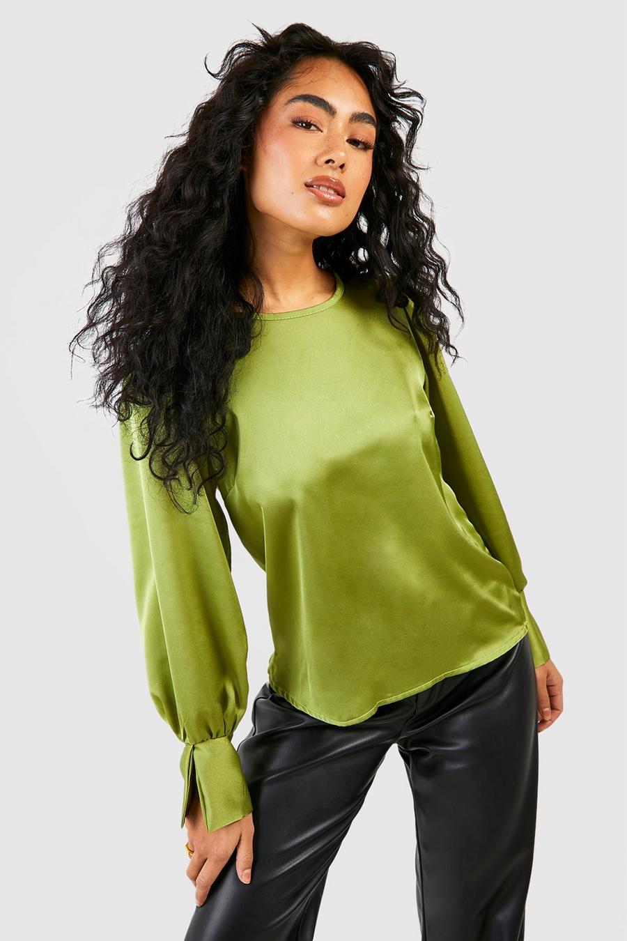 Olive Satin Deep Cuff Puff Sleeve Blouse image number 1