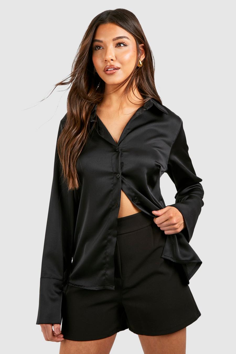 Black Satin Deep Cuff Fitted Shirt image number 1